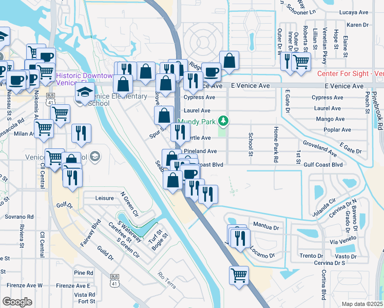 map of restaurants, bars, coffee shops, grocery stores, and more near 724 Pineland Avenue in Venice