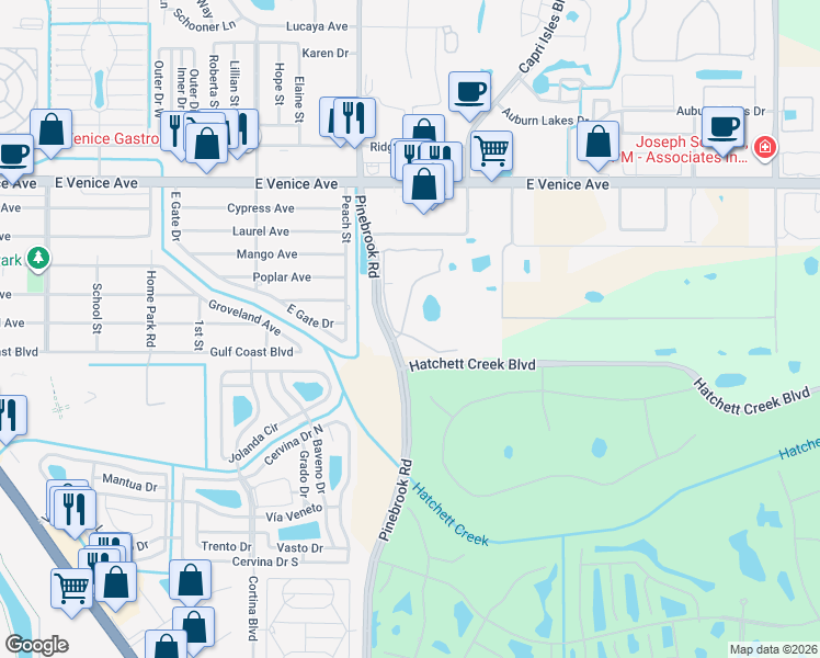 map of restaurants, bars, coffee shops, grocery stores, and more near 2000 Ibis Way in Venice