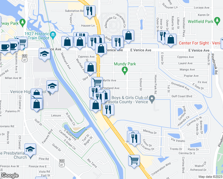 map of restaurants, bars, coffee shops, grocery stores, and more near 744 Pineland Avenue in Venice