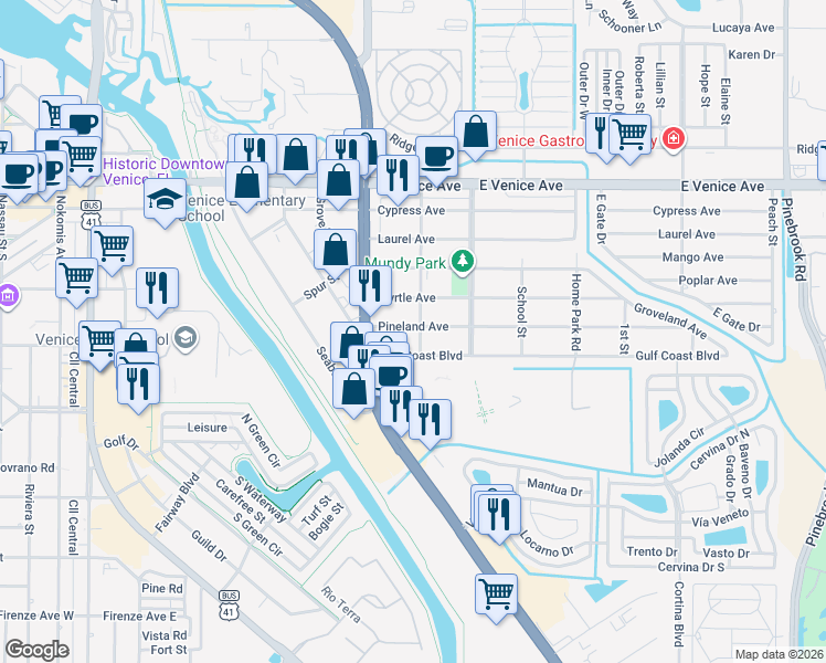 map of restaurants, bars, coffee shops, grocery stores, and more near 724 Pineland Avenue in Venice