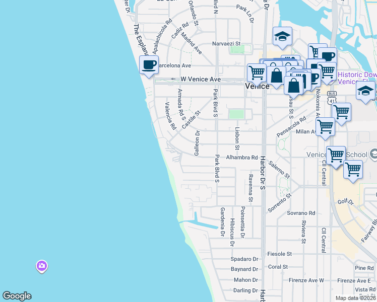 map of restaurants, bars, coffee shops, grocery stores, and more near 628 Alhambra Road in Venice