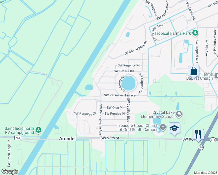 map of restaurants, bars, coffee shops, grocery stores, and more near 2798 Southwest Mustang Terrace in Stuart