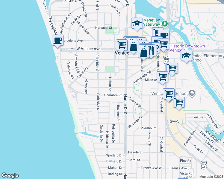 map of restaurants, bars, coffee shops, grocery stores, and more near 428 Alhambra Road in Venice