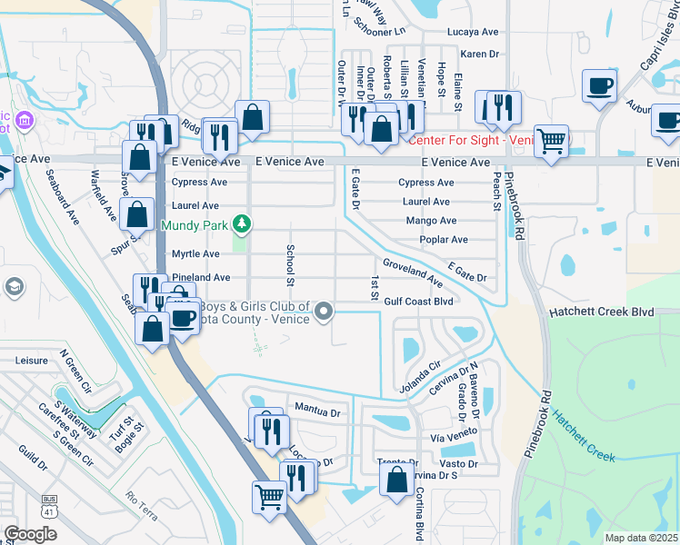 map of restaurants, bars, coffee shops, grocery stores, and more near 1101 Pineland Avenue in Venice