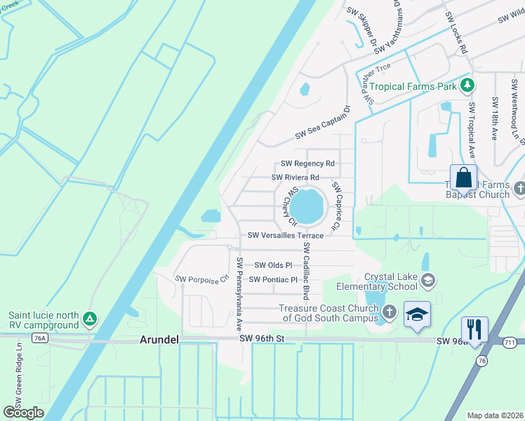 map of restaurants, bars, coffee shops, grocery stores, and more near 2798 Southwest Mustang Terrace in Stuart