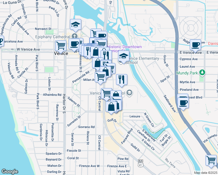 map of restaurants, bars, coffee shops, grocery stores, and more near 391 South Tamiami Trail in Venice