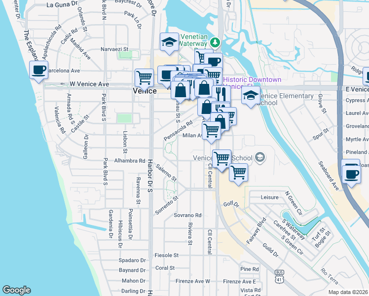 map of restaurants, bars, coffee shops, grocery stores, and more near 200 Turin Street West in Venice
