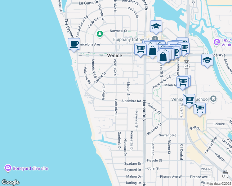 map of restaurants, bars, coffee shops, grocery stores, and more near Park Boulevard South in Venice
