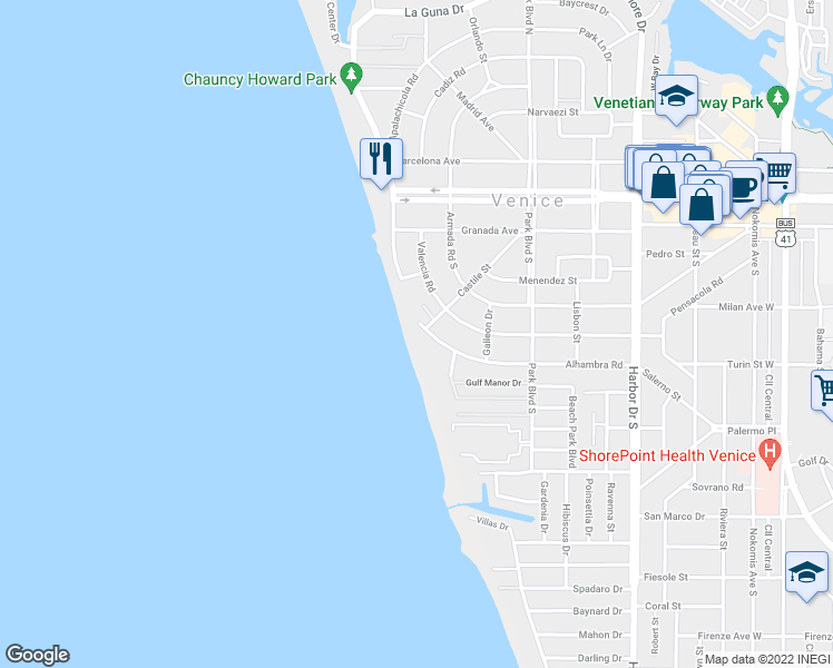 map of restaurants, bars, coffee shops, grocery stores, and more near 629 Alhambra Road in Venice