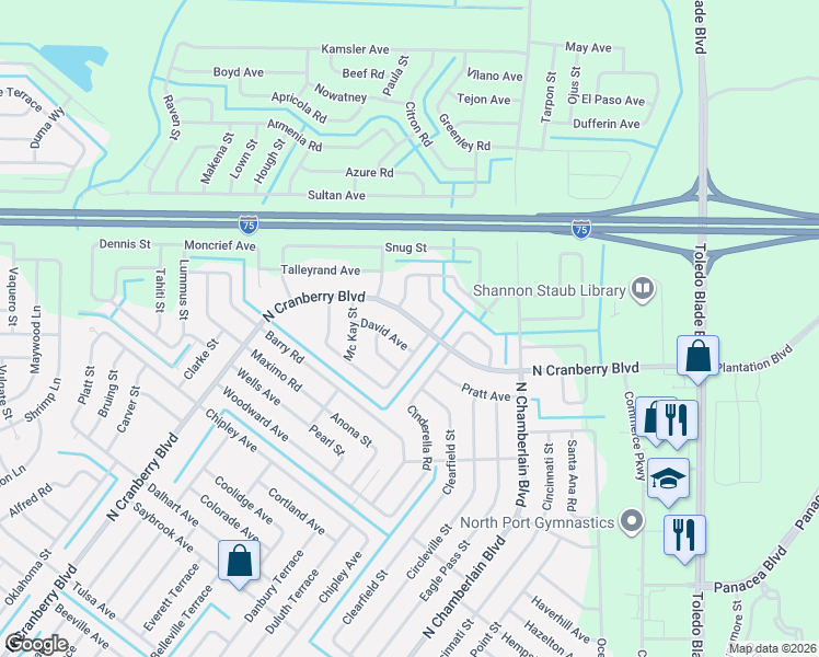 map of restaurants, bars, coffee shops, grocery stores, and more near 4379 Michaler Street in North Port