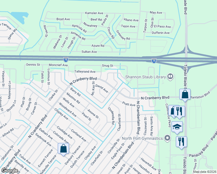 map of restaurants, bars, coffee shops, grocery stores, and more near 4379 Michaler Street in North Port