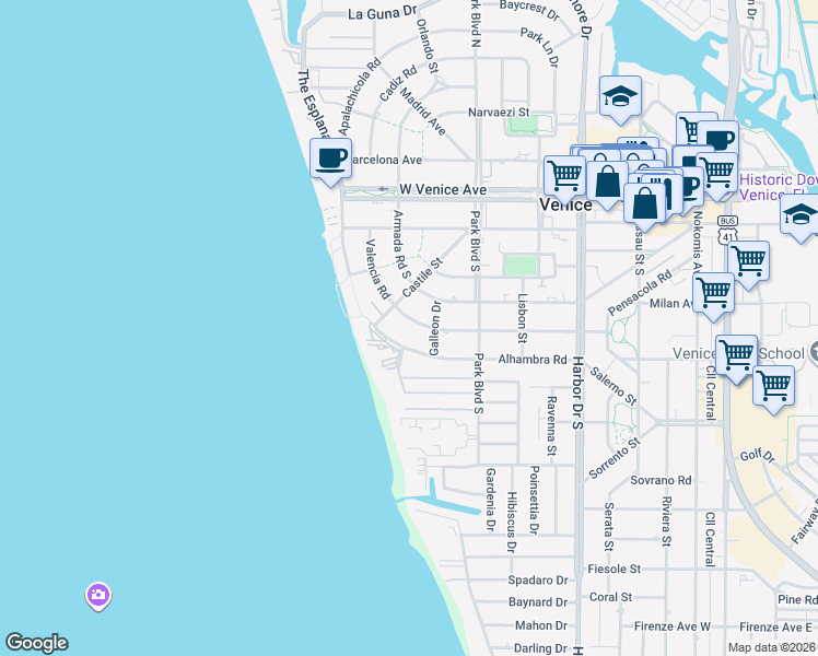 map of restaurants, bars, coffee shops, grocery stores, and more near 628 Valencia Road in Venice