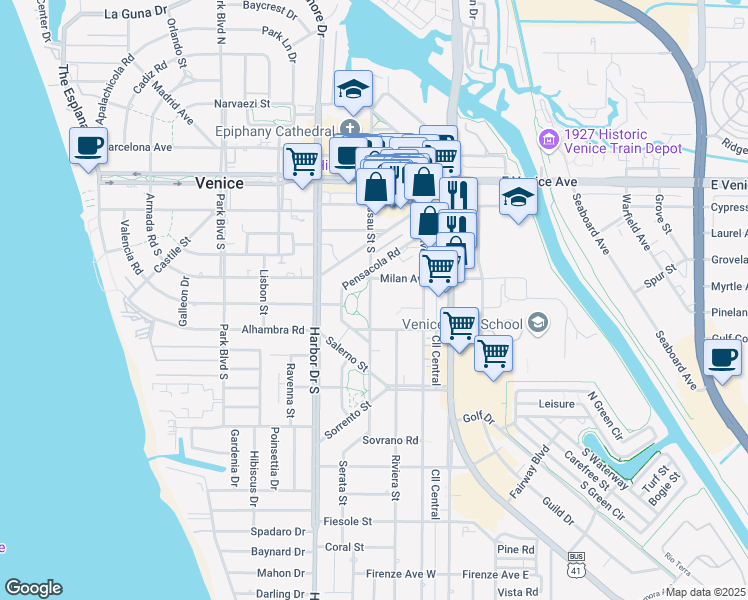 map of restaurants, bars, coffee shops, grocery stores, and more near 351 Nassau Street South in Venice