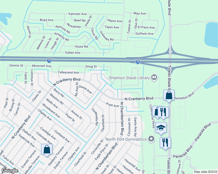 map of restaurants, bars, coffee shops, grocery stores, and more near 2145 Ancient Road in North Port