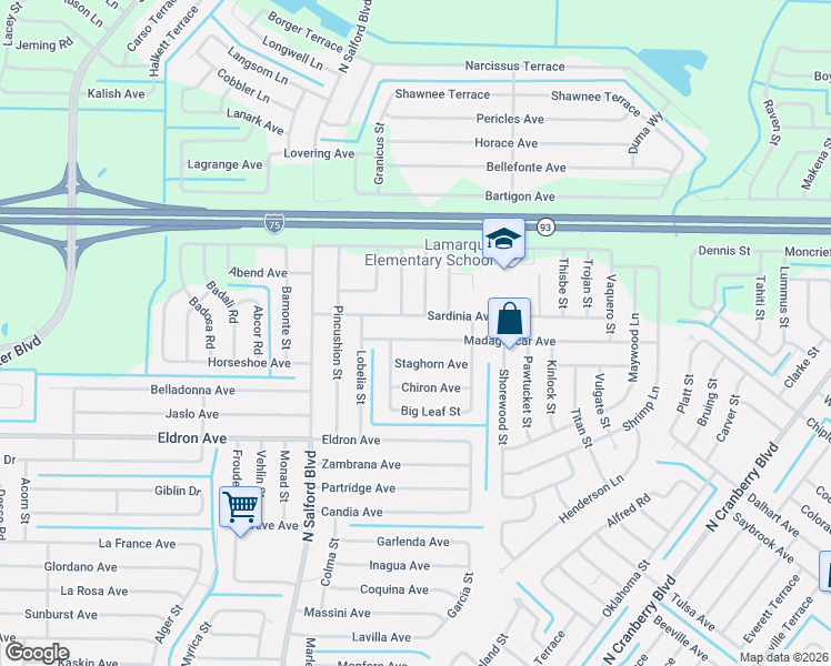 map of restaurants, bars, coffee shops, grocery stores, and more near 3637 Sardinia Avenue in North Port