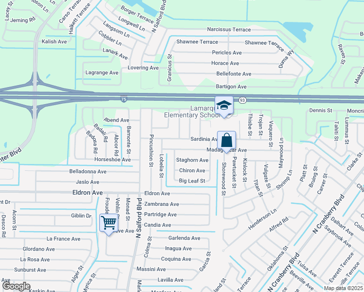 map of restaurants, bars, coffee shops, grocery stores, and more near 3664 Madagascar Avenue in North Port