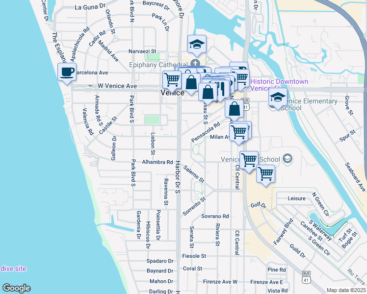 map of restaurants, bars, coffee shops, grocery stores, and more near 317 Harbor Drive South in Venice