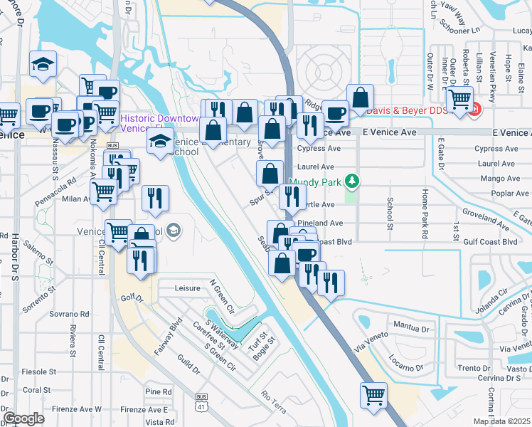 map of restaurants, bars, coffee shops, grocery stores, and more near 300 Warfield Avenue in Venice