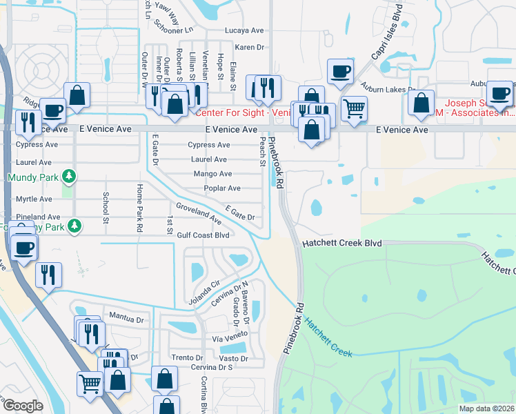 map of restaurants, bars, coffee shops, grocery stores, and more near 505 Peach Street in Venice