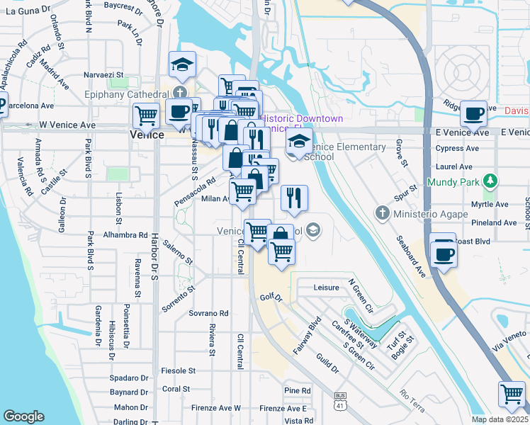 map of restaurants, bars, coffee shops, grocery stores, and more near 113 Milan Avenue East in Venice