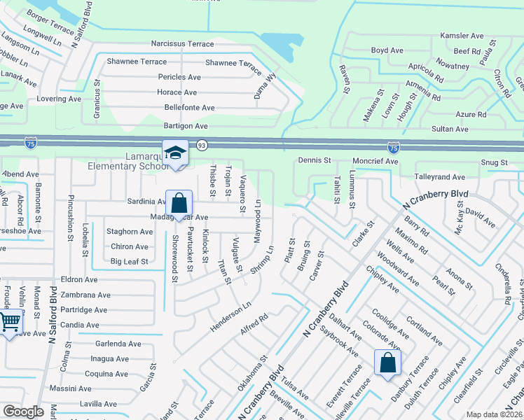 map of restaurants, bars, coffee shops, grocery stores, and more near 4504 Vaquero Street in North Port