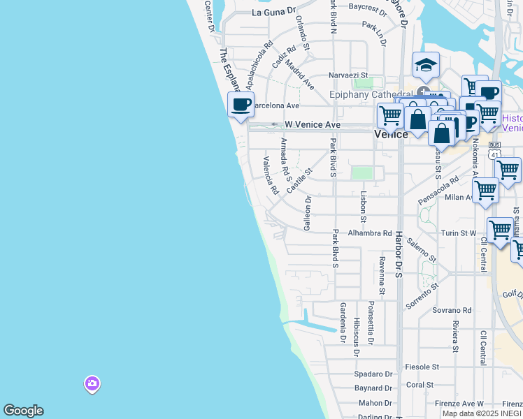 map of restaurants, bars, coffee shops, grocery stores, and more near 701 Valencia Road in Venice