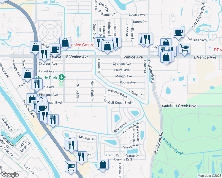 map of restaurants, bars, coffee shops, grocery stores, and more near 1213 Groveland Avenue in Venice