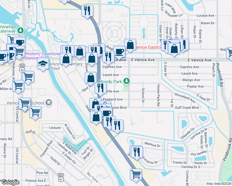 map of restaurants, bars, coffee shops, grocery stores, and more near 809 Myrtle Avenue in Venice