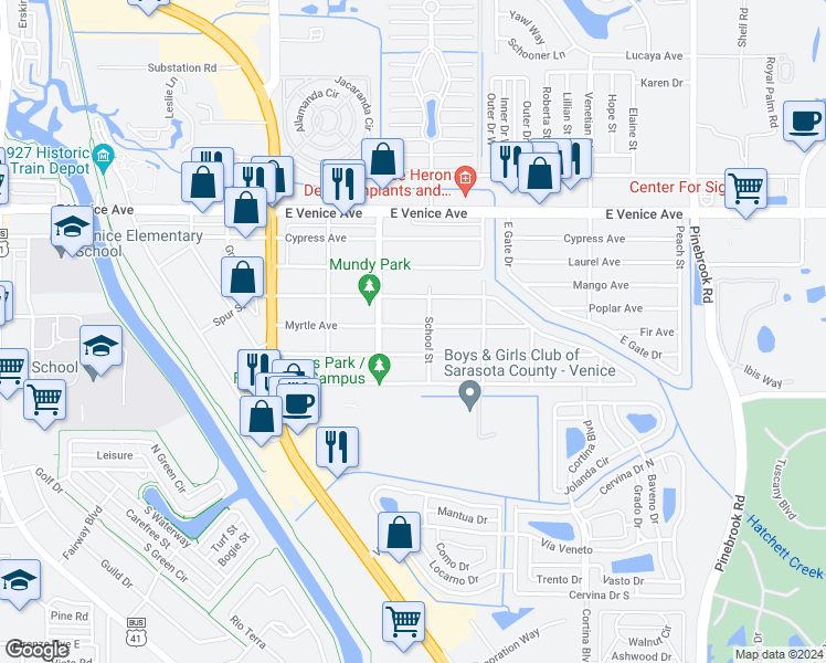 map of restaurants, bars, coffee shops, grocery stores, and more near 928 Myrtle Avenue in Venice