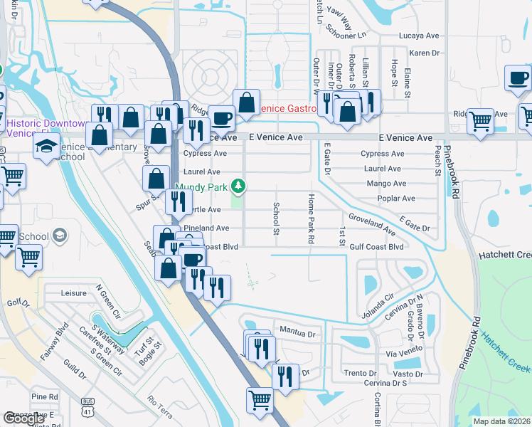 map of restaurants, bars, coffee shops, grocery stores, and more near 928 Myrtle Avenue in Venice