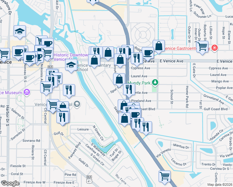 map of restaurants, bars, coffee shops, grocery stores, and more near 300 Warfield Avenue in Venice