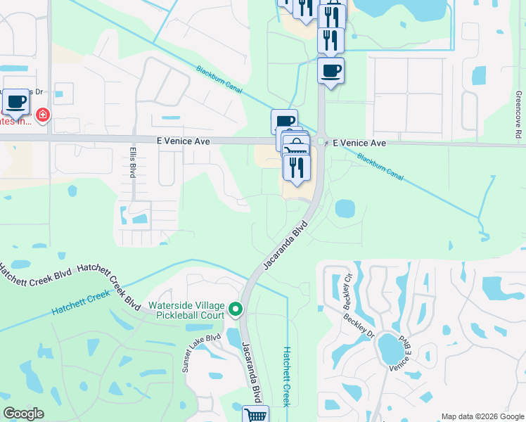 map of restaurants, bars, coffee shops, grocery stores, and more near 274 Capulet Drive in Venice
