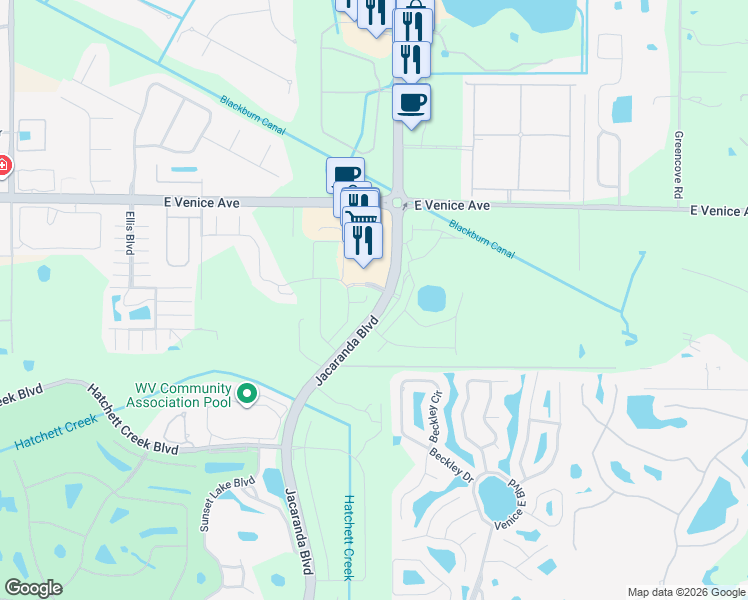 map of restaurants, bars, coffee shops, grocery stores, and more near 2554 Cortenova Court in Venice