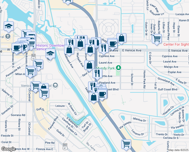 map of restaurants, bars, coffee shops, grocery stores, and more near 320 U.S. 41 in Venice