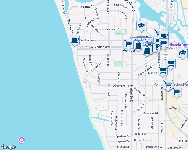 map of restaurants, bars, coffee shops, grocery stores, and more near 628 Valencia Road in Venice