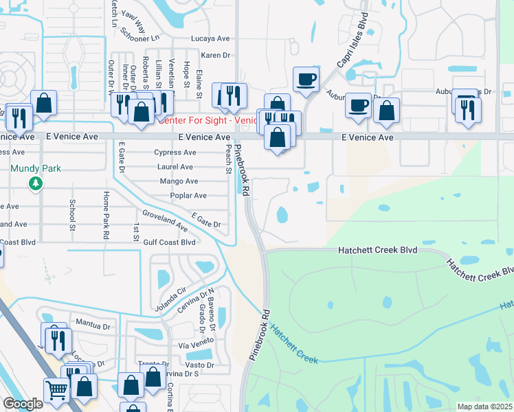 map of restaurants, bars, coffee shops, grocery stores, and more near 1000 Aston Gardens Drive in Venice