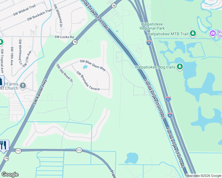 map of restaurants, bars, coffee shops, grocery stores, and more near 725 Southwest Blue Stem Way in Stuart
