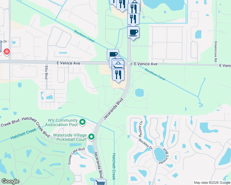 map of restaurants, bars, coffee shops, grocery stores, and more near 2554 Cortenova Court in Venice