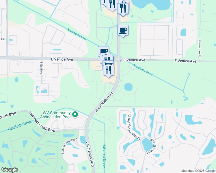 map of restaurants, bars, coffee shops, grocery stores, and more near 2554 Cortenova Court in Venice