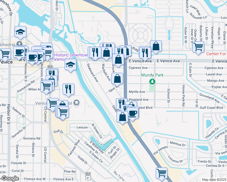 map of restaurants, bars, coffee shops, grocery stores, and more near 300 Warfield Avenue South in Venice