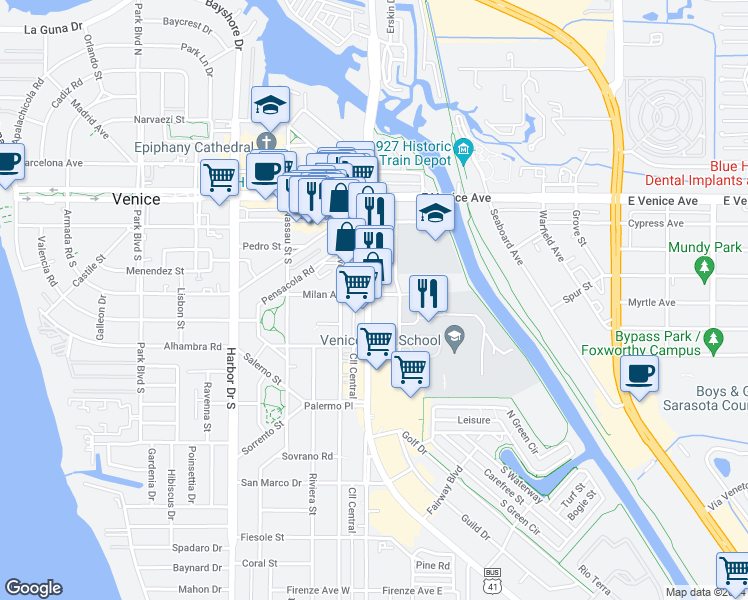 map of restaurants, bars, coffee shops, grocery stores, and more near 303 South Tamiami Trail in Nokomis