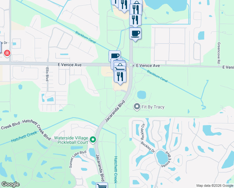 map of restaurants, bars, coffee shops, grocery stores, and more near 2554 Cortenova Court in Venice
