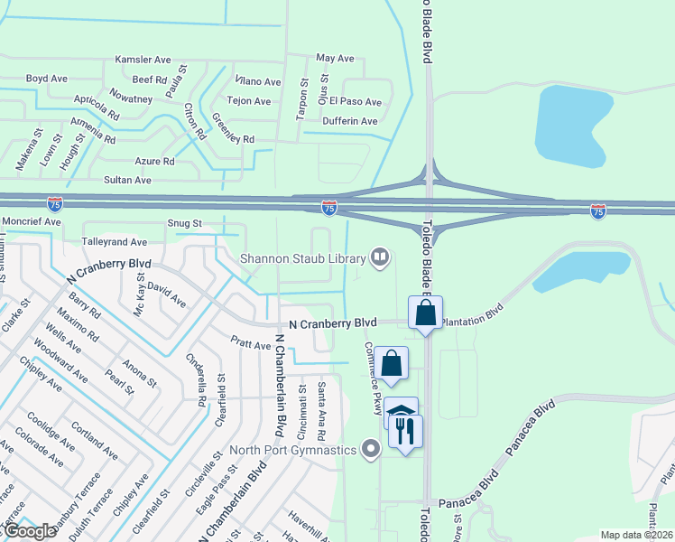 map of restaurants, bars, coffee shops, grocery stores, and more near 6349 North Cranberry Boulevard in North Port