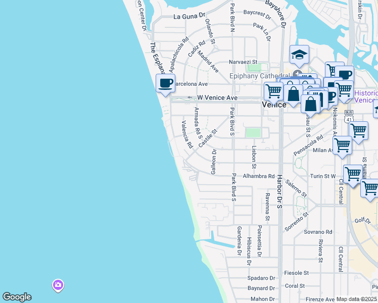 map of restaurants, bars, coffee shops, grocery stores, and more near 701 Valencia Road in Venice