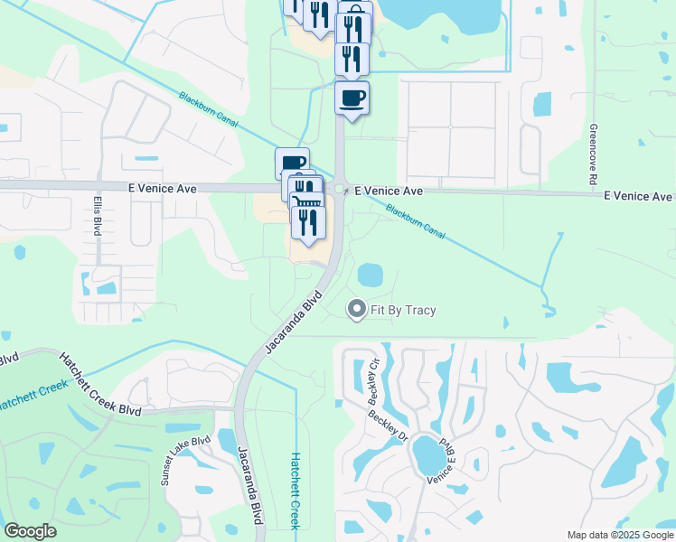 map of restaurants, bars, coffee shops, grocery stores, and more near 19600 Floridian Club Drive in Venice