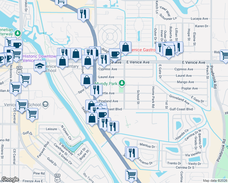map of restaurants, bars, coffee shops, grocery stores, and more near 809 Myrtle Avenue in Venice