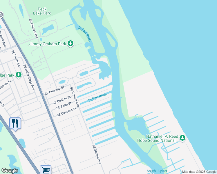 map of restaurants, bars, coffee shops, grocery stores, and more near 8595 Southeast Palm Street in Hobe Sound