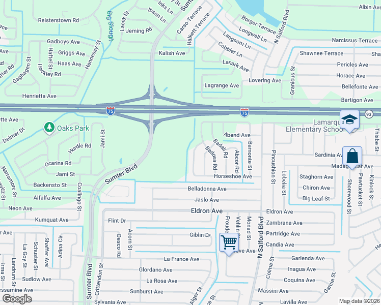 map of restaurants, bars, coffee shops, grocery stores, and more near 4481 Balsey Street in North Port