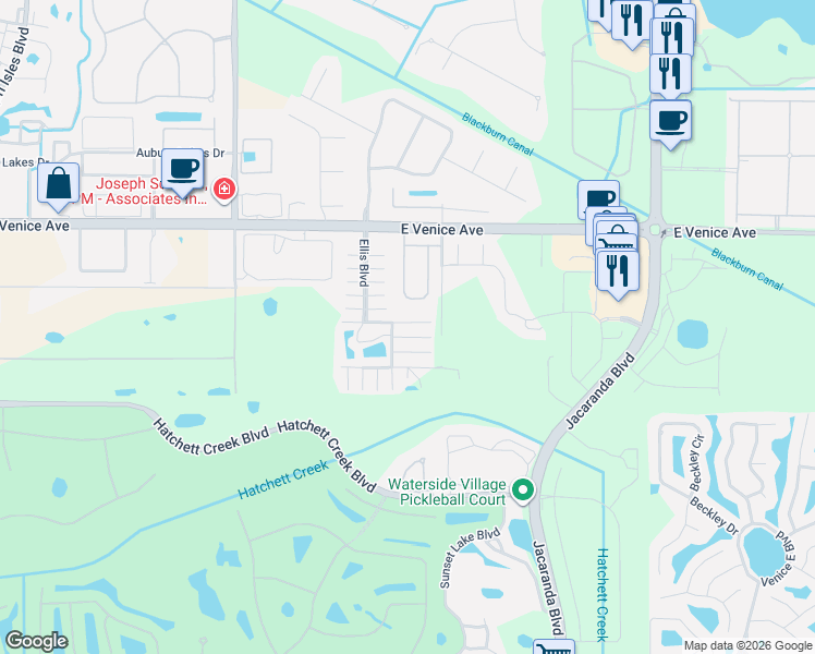 map of restaurants, bars, coffee shops, grocery stores, and more near 2630 Fred Road in Venice