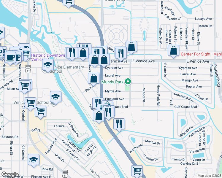 map of restaurants, bars, coffee shops, grocery stores, and more near 725 Myrtle Avenue in Venice